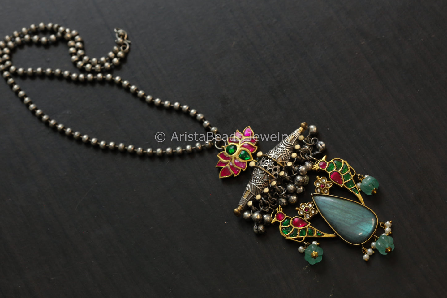 Silver Replica Dual Tone Labradorite & Jadau Necklace