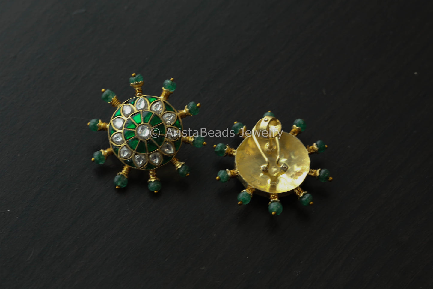 Jadau Kundan Green Fluorite Bead Studs