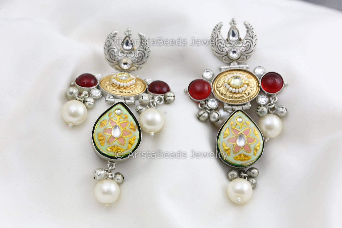 Silver Polish Enamel Kundan Earrings - Mint