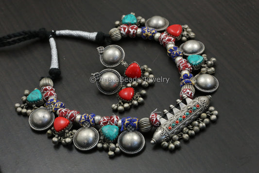 Amrapali Silver Look Alike  Tabeez Necklace Set  -Coral Turquoise