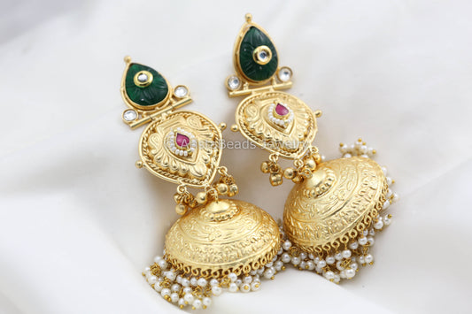 Large Gold Silver Replica Jhumka - Green