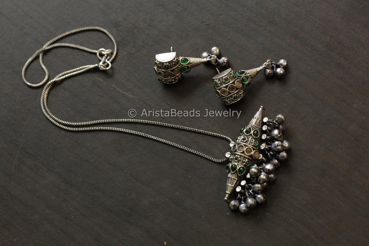 Oxidized Tabeez Necklace Set - Green Yellow