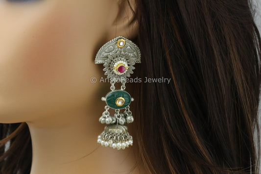 925 Silver Polish Kundan Jhumka - Green Carved Stone