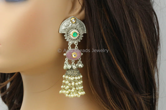 925 Silver Polish Kundan Jhumka - Pink Carved Stone