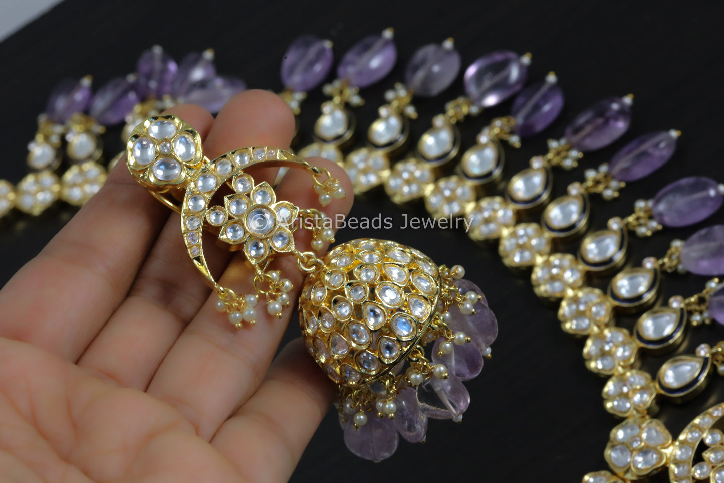 Long Uncut Kundan Necklace Jhumka Set - Amethyst Drops