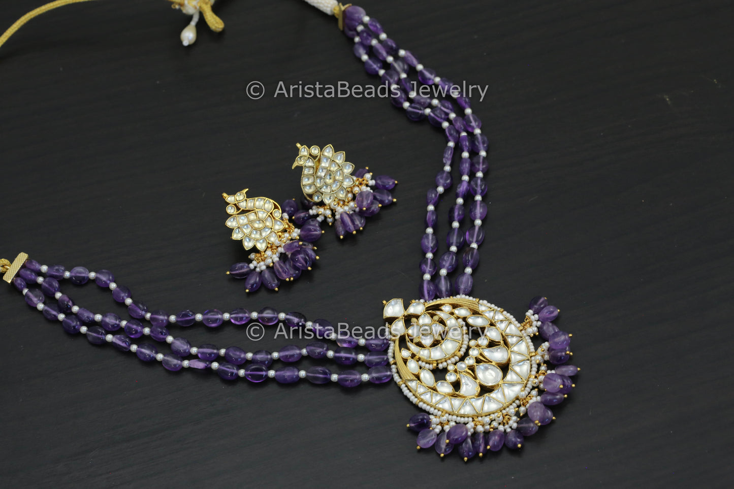 Real Amethyst Pachi Kundan Necklace Set