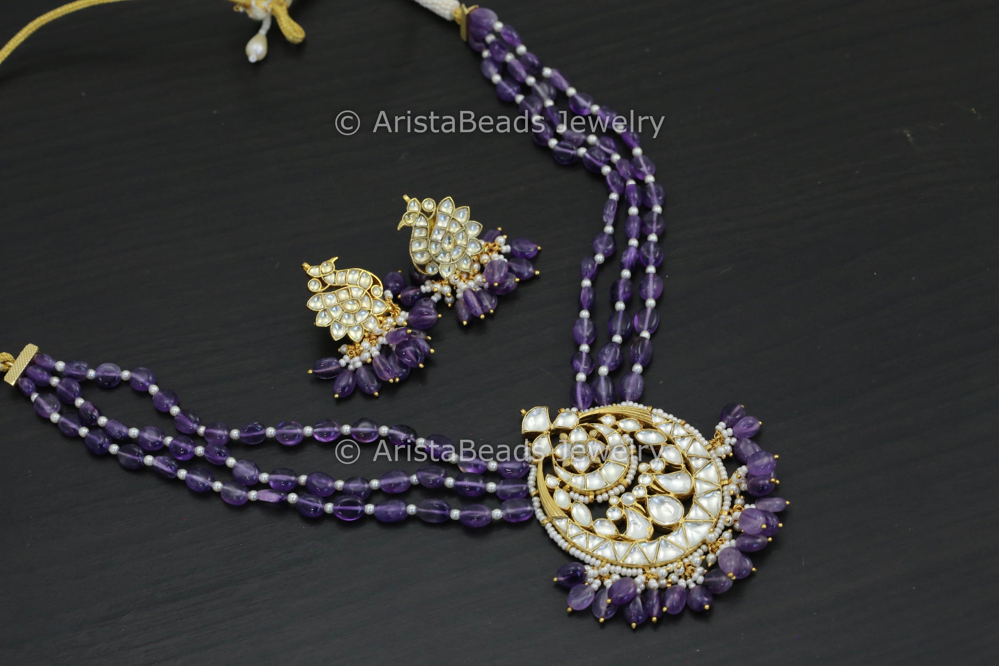 Real Amethyst Pachi Kundan Necklace Set