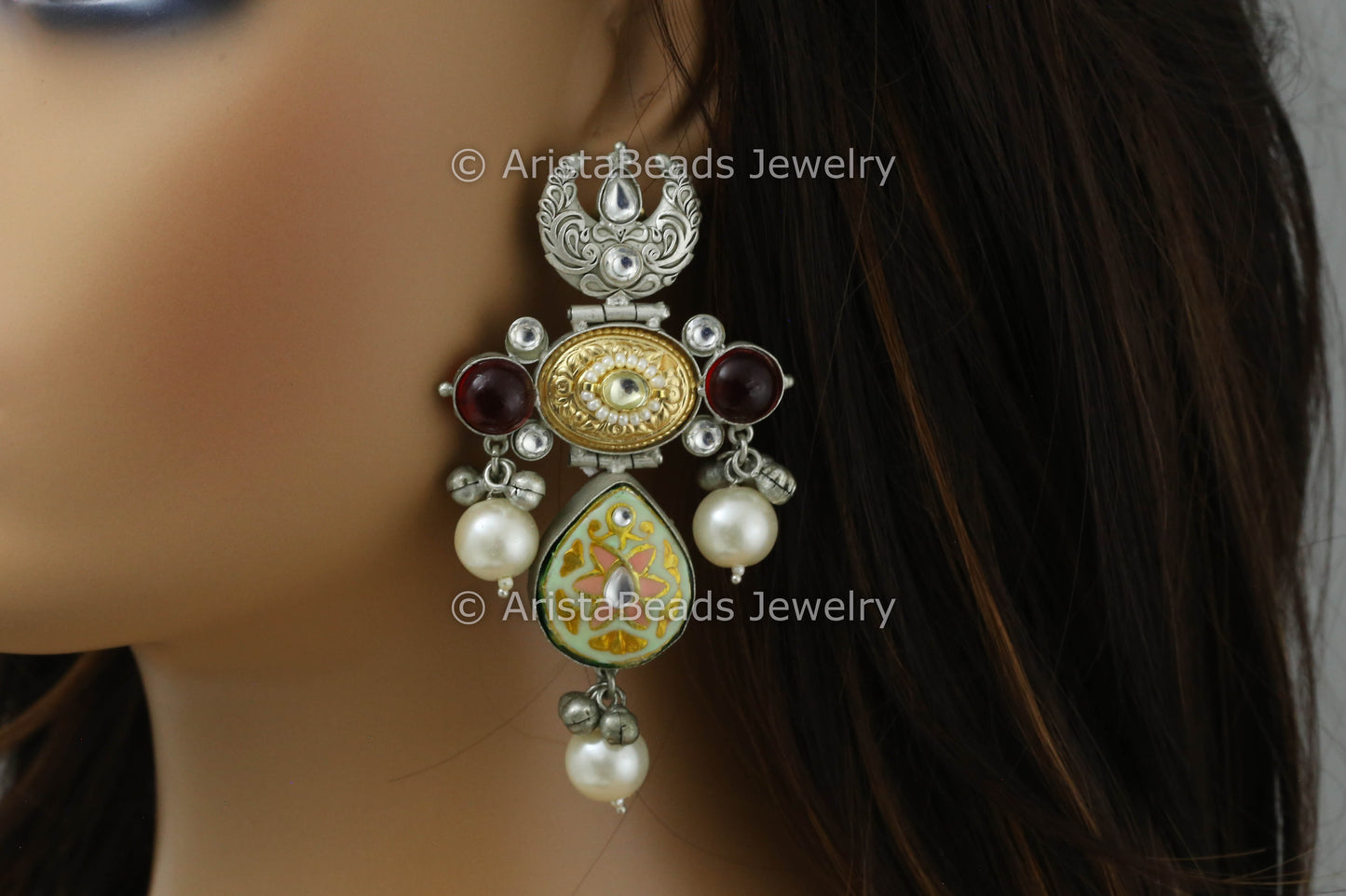 Silver Polish Enamel Kundan Earrings - Mint