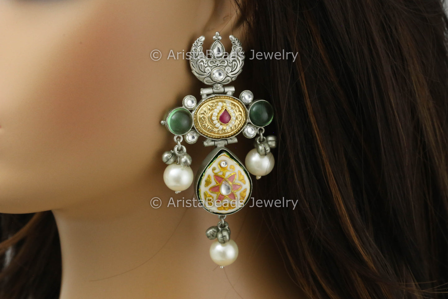 Silver Polish Enamel Kundan Earrings - Cream