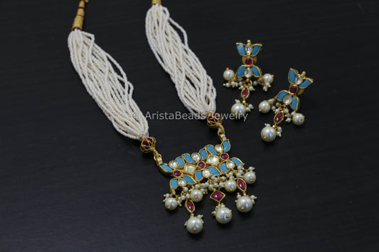 Dainty Pachi Kundan Necklace Set - Turquoise