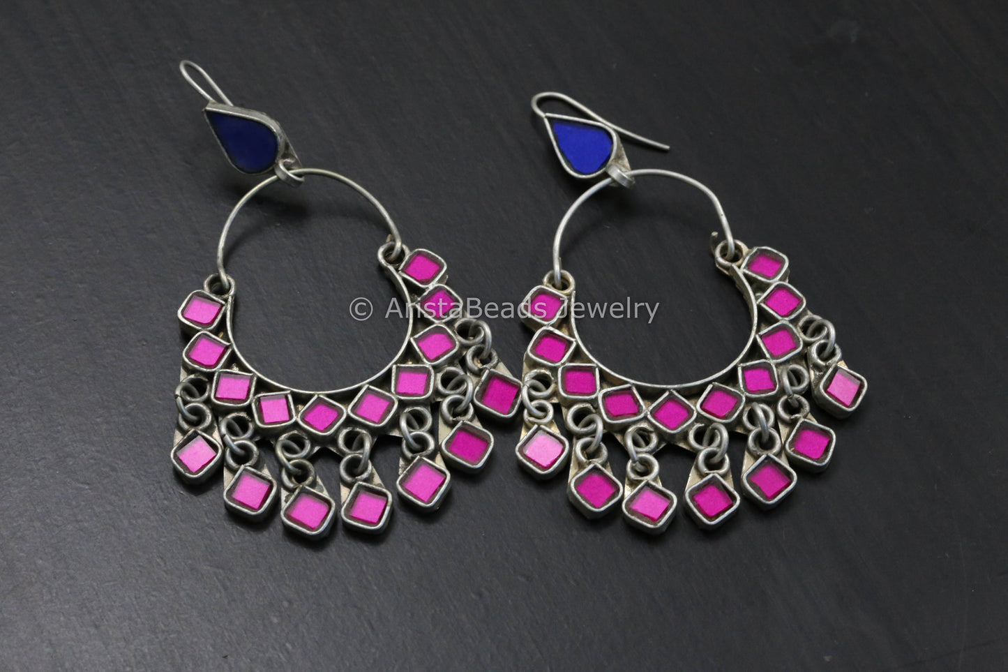Real Glass Silver Look Alike Chandbaali - Blue Pink