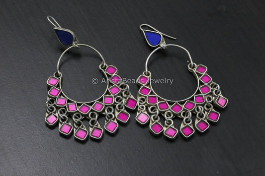 Real Glass Silver Look Alike Chandbaali - Blue Pink