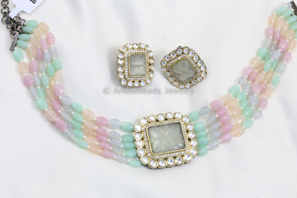 Pastel Carved Stone CZ & Kundan Polki Choker Set