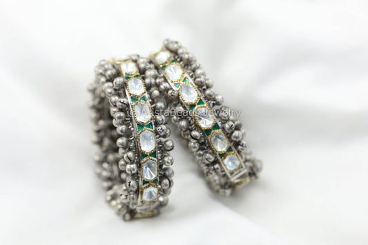 Polki Kundan Enamel Ghungroo Bangle Set - Green (2.2/2.4)