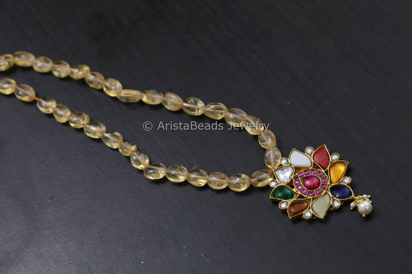 Navratan Jadau Beaded Mala Necklace In Citrine Beads