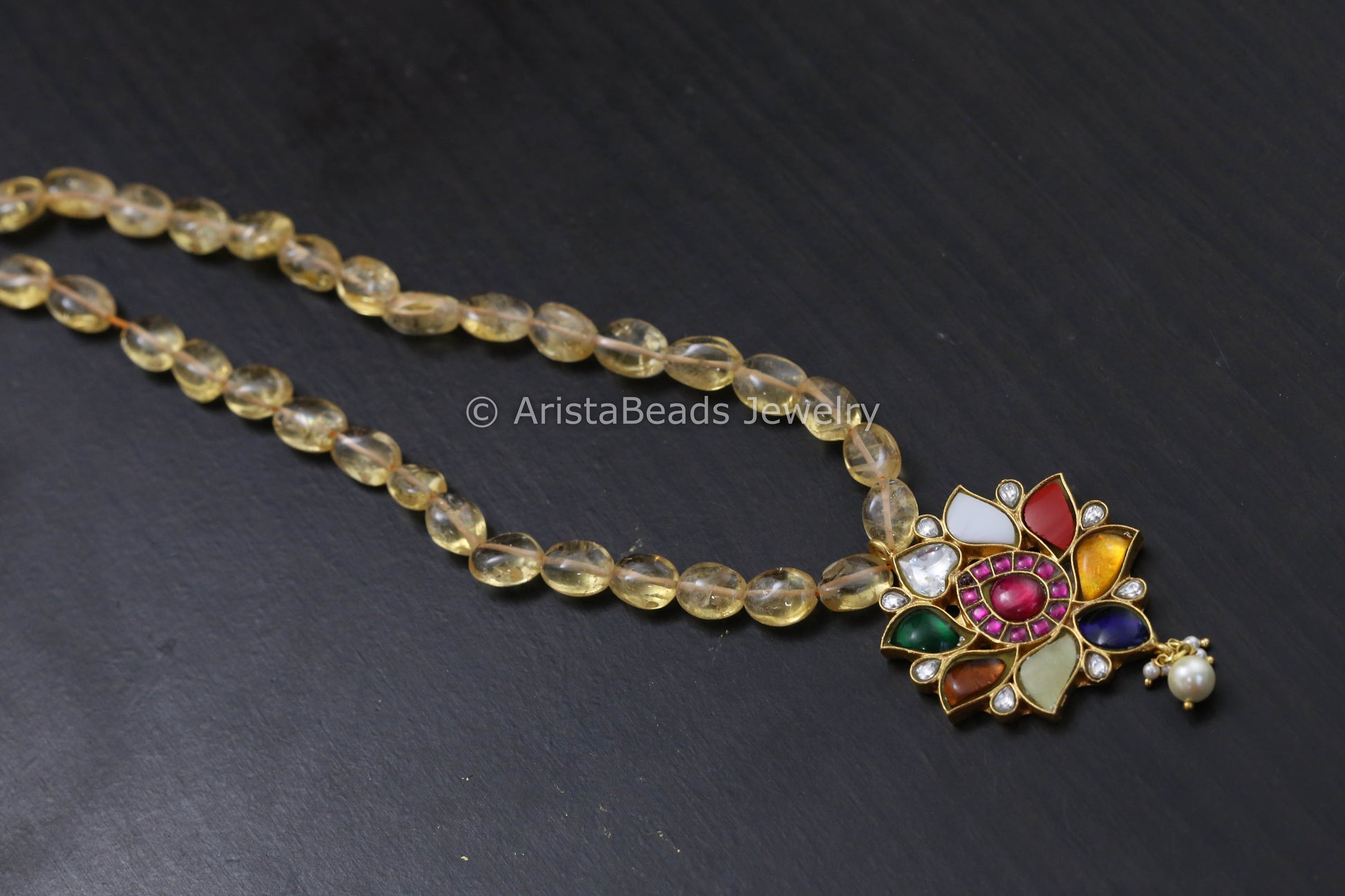 Navratan Jadau Beaded Mala Necklace In Citrine Beads