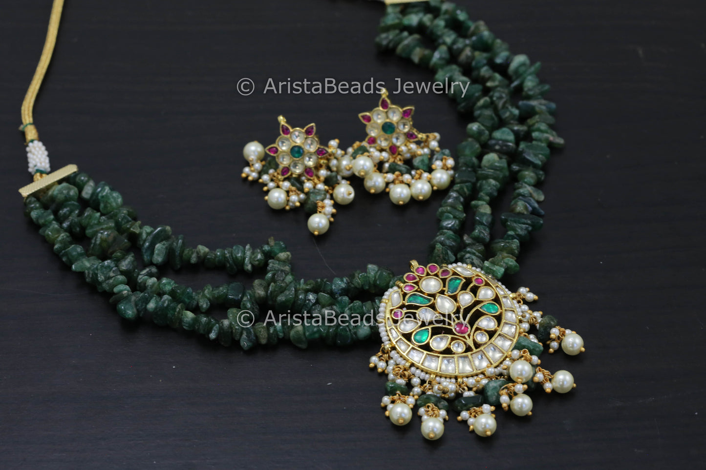 Aventurine Chip Beads Pachi Kundan Necklace Set