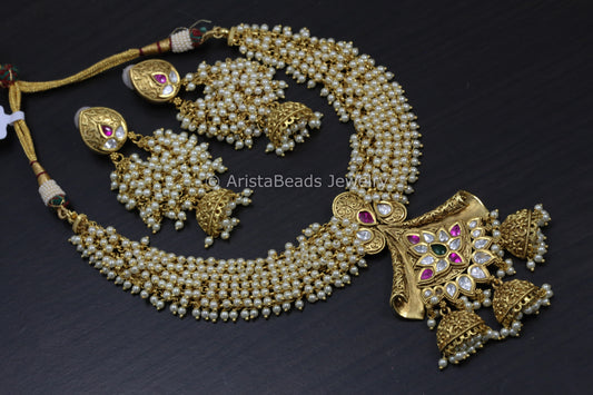 Kundan & Pearl Guttapusalu Necklace Set - Multi
