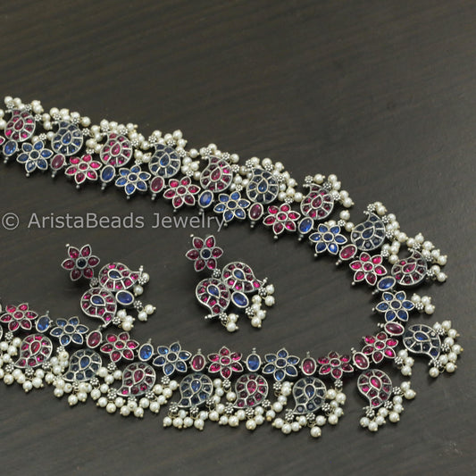 Blue Ruby Kemp Stones Oxidized Guttapasulu Necklace Set