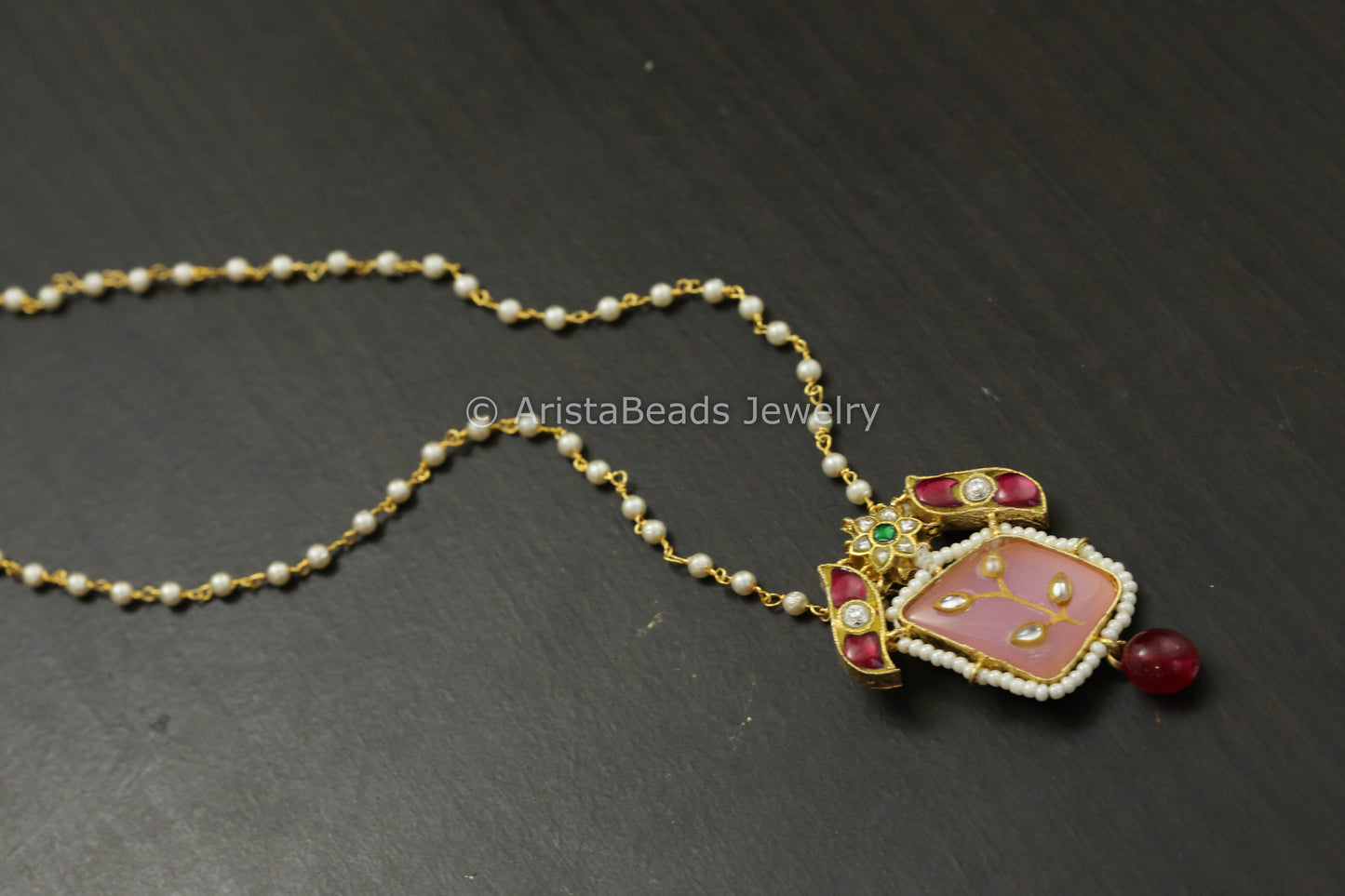 Dainty Jadau Kundan Pendant Necklace - Pink