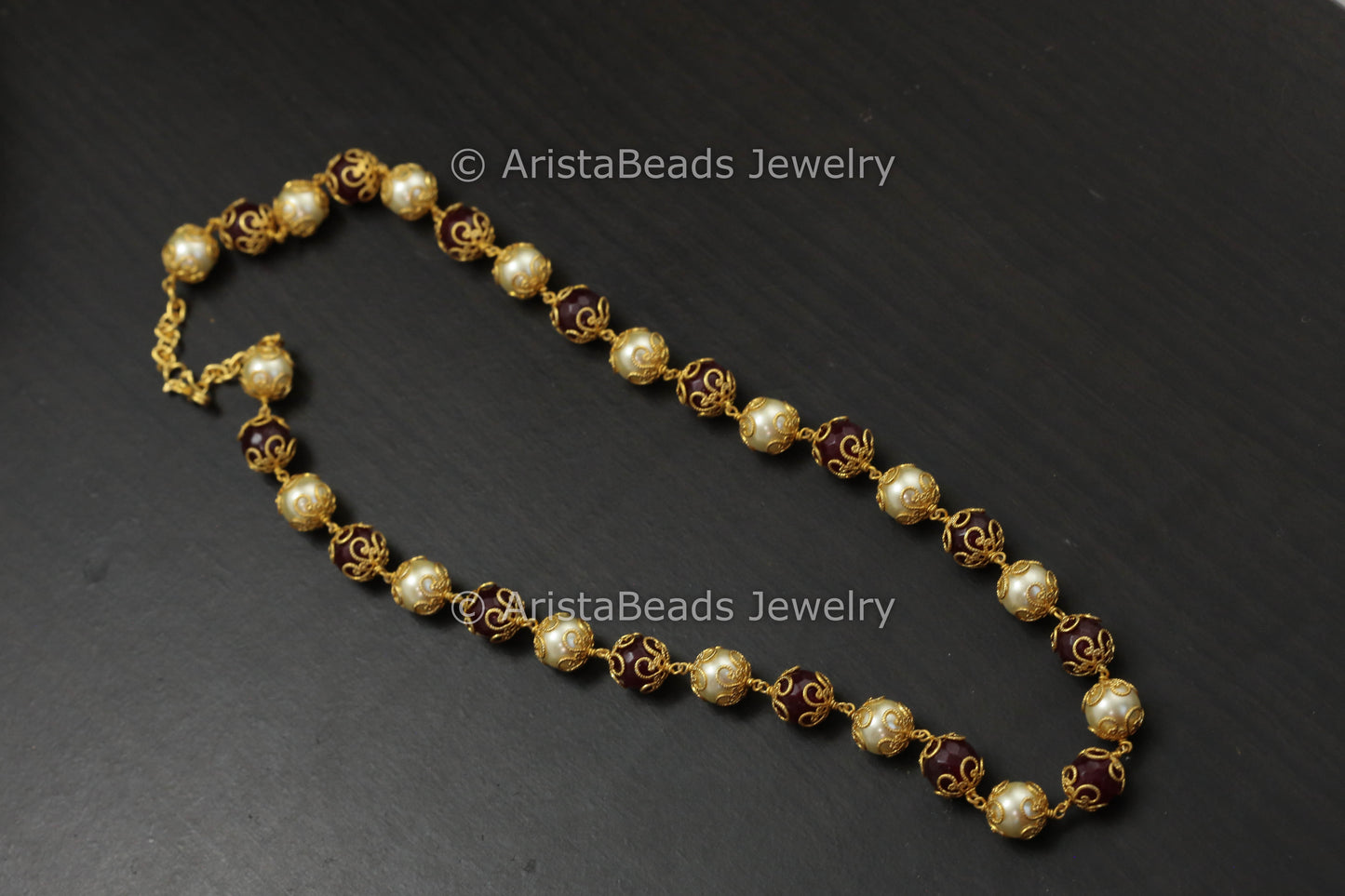Single Strand Pearls & Red Agate Beaded Mala