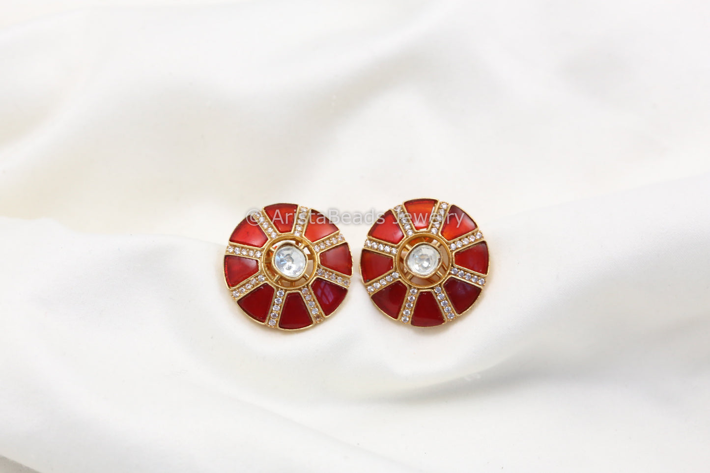 Pota Stone, CZ & Uncut Kundan Studs - Red