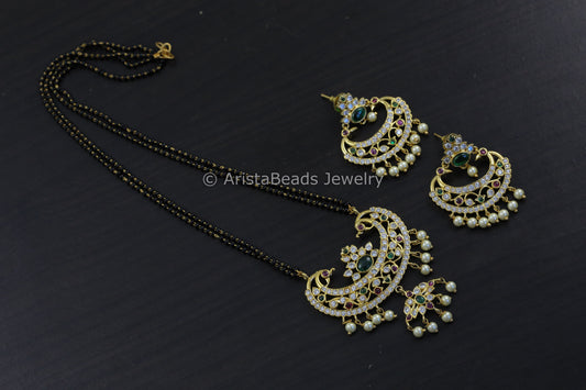 CZ Peacock Chandbaali Black Bead Set