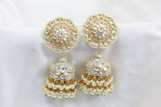 Extra Large Uncut Kundan Enamel Jhumka - Gray