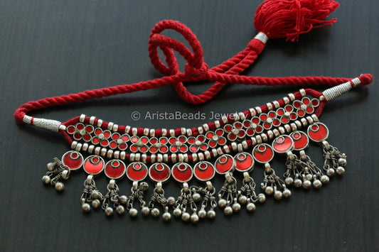 Darpan Oxidized Real Glass Necklace- Red