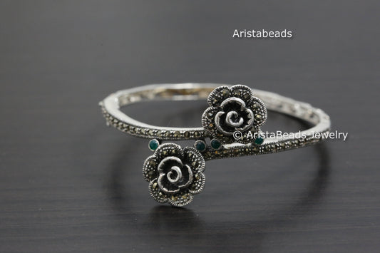 925 Sterling Silver Marcasite & Green Onyx  Bracelet