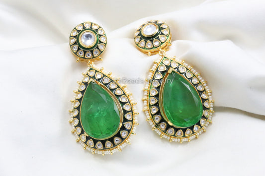 Extra Large Enamel, Uncut Polki & Doublet Stone Earrings - Green