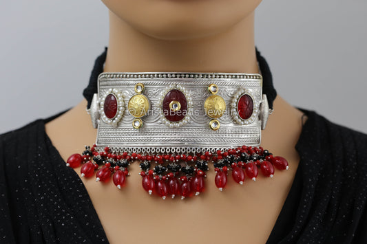 Silver Polish Choker - Red Drops