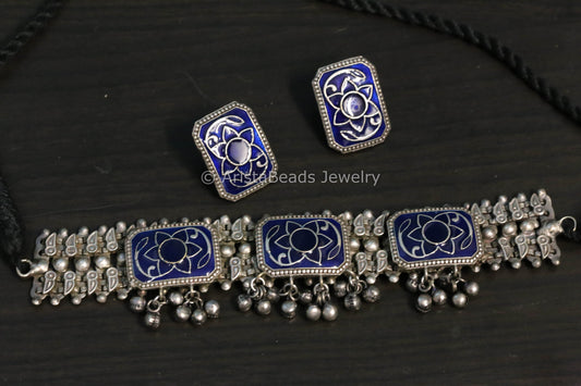 Blue Enamel Choker Necklace Set