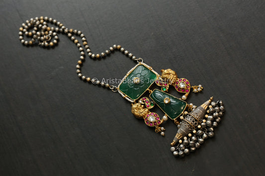 Silver Replica Dual Tone Onyx & Jadau Necklace