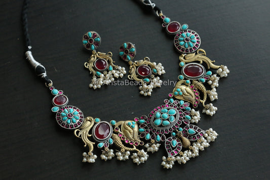 Dual Tone Kemp Stones Necklace Set - Turquoise Ruby