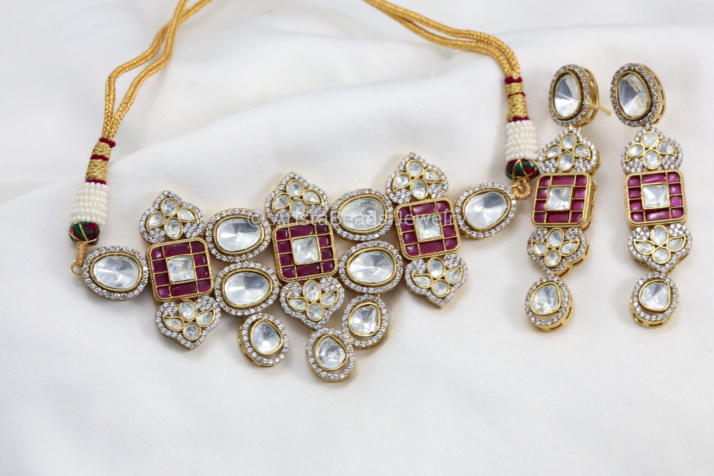 Moissanite Look Kundan Polki & Pota Stone Choker Set - Gold