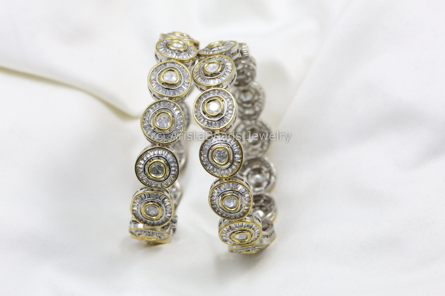 Moissanite Kundan Polki & Baguette CZ Bangle Set