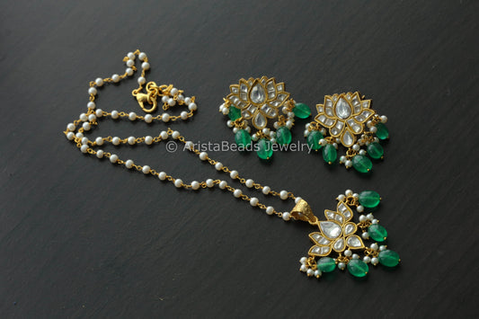 Silver Look Jadau Kundan Lotus Earrings - Clear