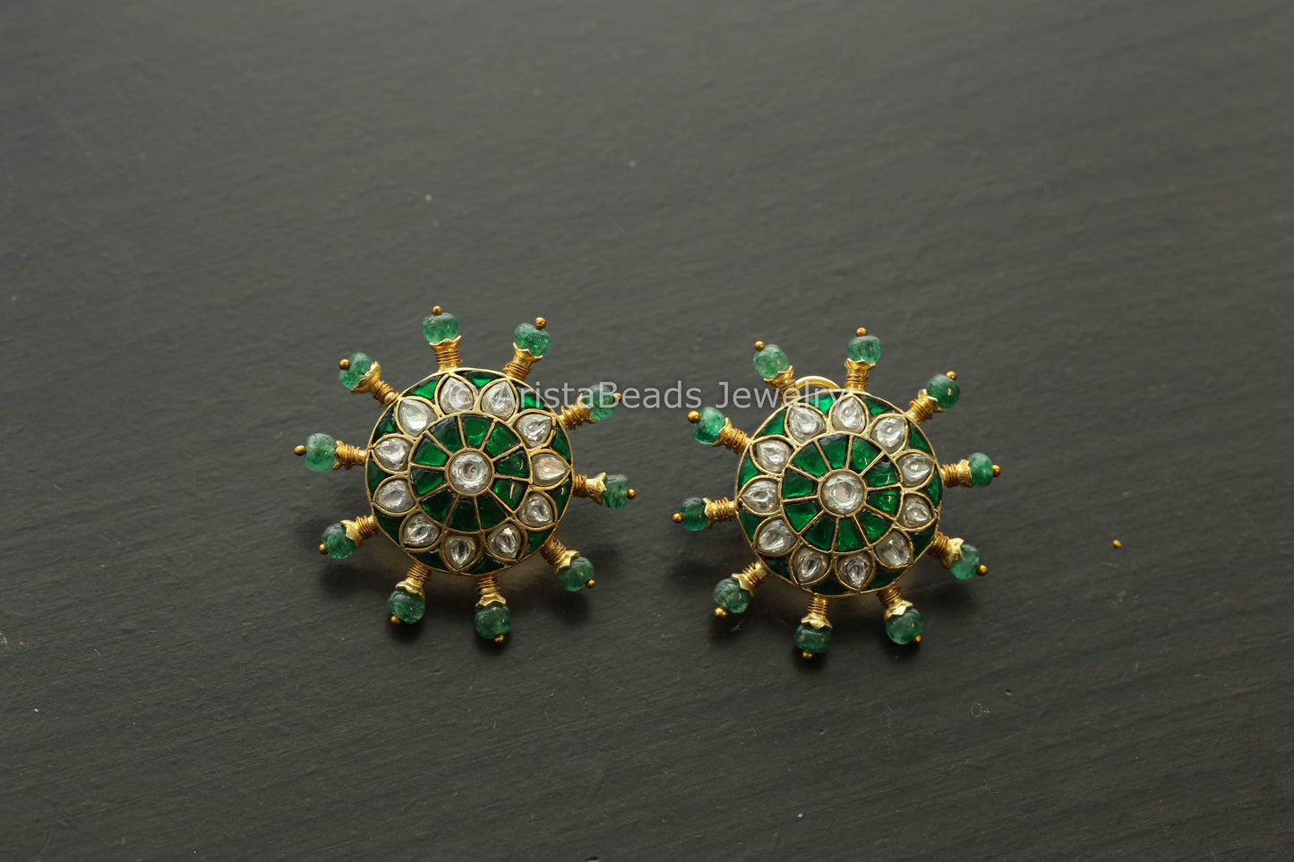 Jadau Kundan Green Fluorite Bead Studs