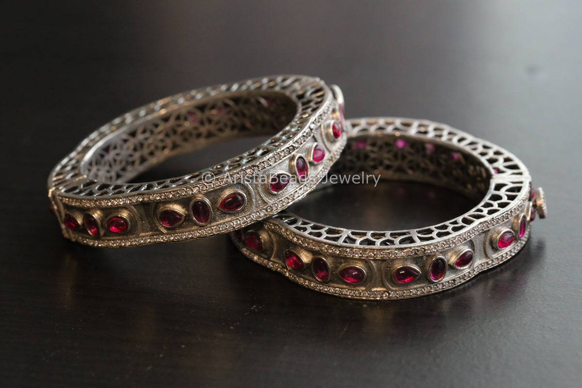 Silver Look Kemp Oxidized Bangle (Openable) - Ruby