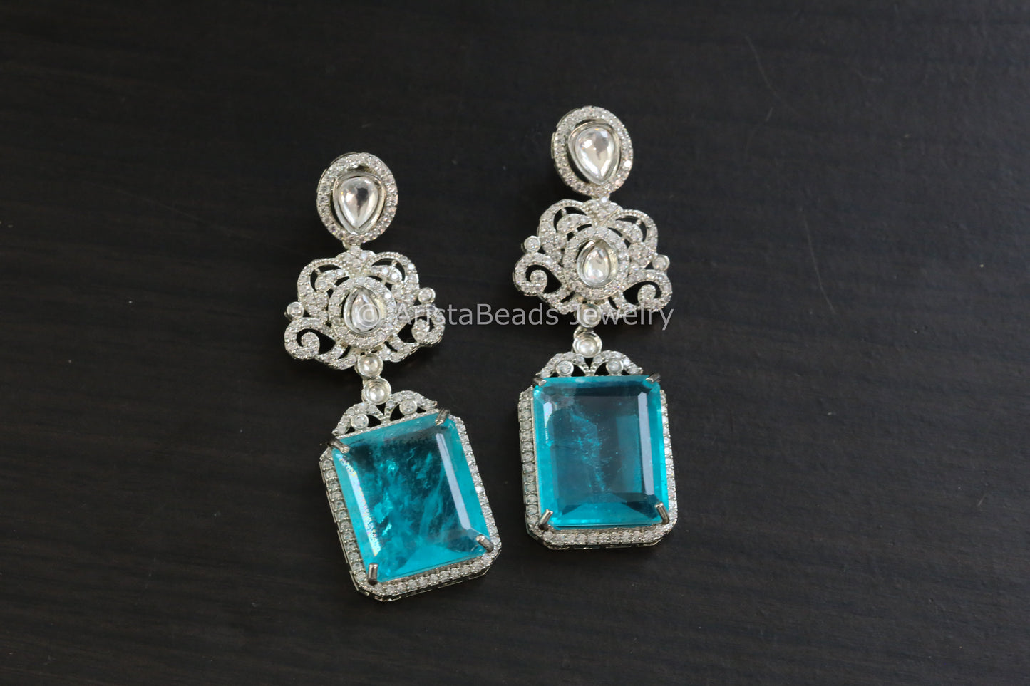 Aqua Blue Doublet, CZ & Uncut Polki Earrings