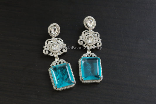Aqua Blue Doublet, CZ & Uncut Polki Earrings