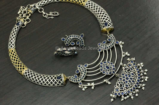 Dual Tone Hasli Necklace Set -Blue