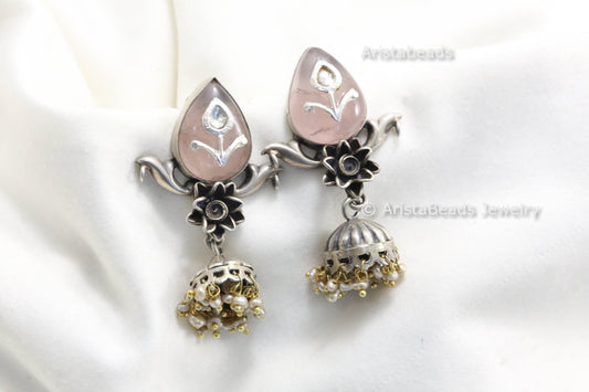 Rose Quartz 925 Sterling Silver Jadau Jhumka