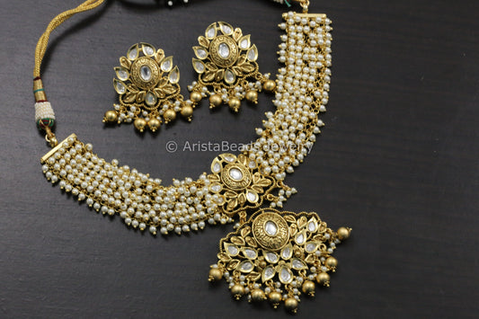 Kundan & Pearl Guttapusalu Necklace Set - Clear