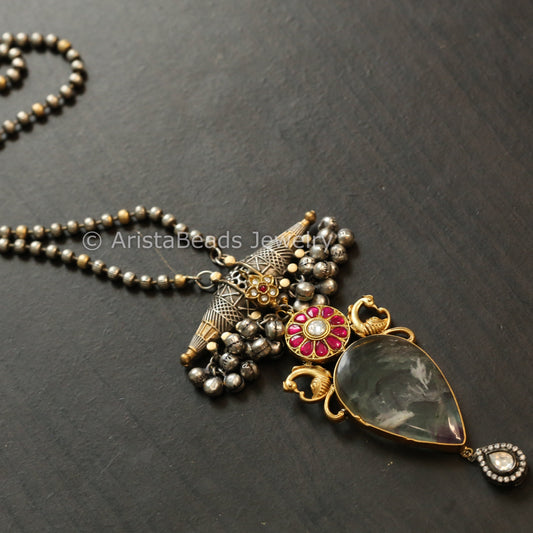 Silver Replica Dual Tone Fluorite & Jadau Necklace