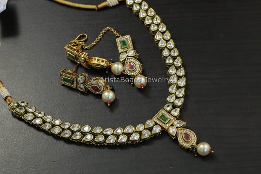 Rajwadi Polki Necklace Set With Tika