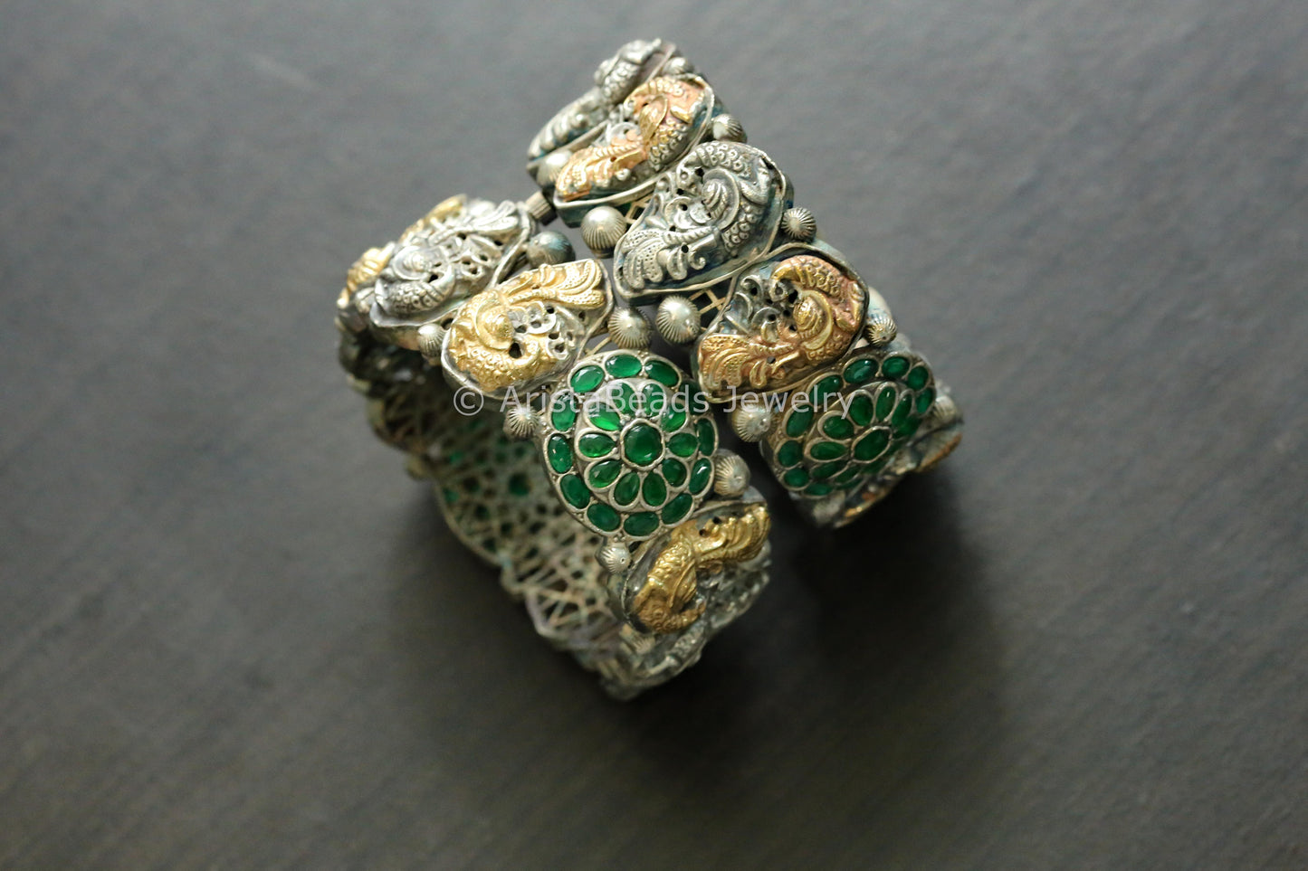 Silver Replica Nakshi Bangle (Openable) - Green