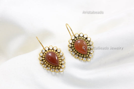 Carnelian & Polki 925 Silver Earrings