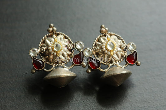 Small 925 Silver Polish Kundan Earring - Red